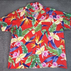 Hawaiian Shirt Mens 2XL Red Tropical Floral Cotton Aloha Made USA Button Front